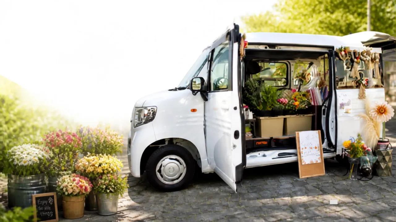 花や鉢物を積んだ移動花屋『花と風』の販売車